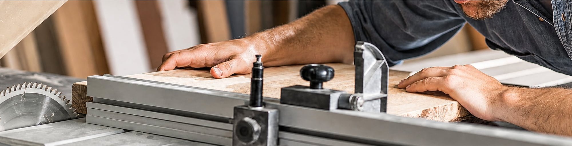 Un menuisier maintient à deux mains une planche de bois contre le guide d'une scie circulaire dans son atelier.